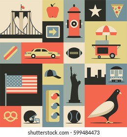 New York City, Vector Flat Illustration, Icon Set, Travel Background. Rugby, Road Sign, Apple, Hot Dog, Dove, House, Taxi, Shop, Flag, Traffic Light, Baseball, Cap, Brooklyn Bridge, Hydrant, Pizza