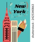 New York city vector illustration, typography lettering, Chrysler building, Statue of Liberty torch