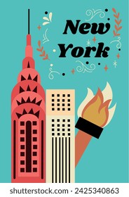 New York city vector illustration, typography lettering, Chrysler building, Statue of Liberty torch svg