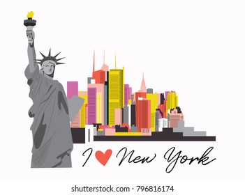 new york city vector illustration. i love ny. new york city skyline. statue of liberty.