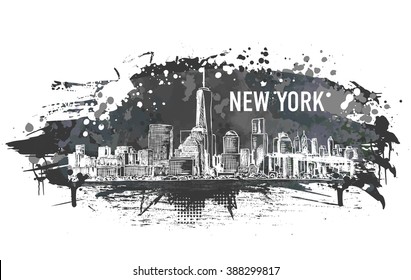 New York city, vector  monochrome drawing in sketch style in grunge and watercolor shape. Very useful for poster, banner, travel