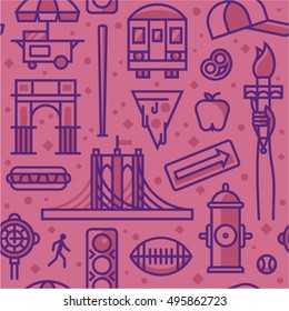 New York City, vector outline background, seamless pattern: traffic light, Brooklyn Bridge, clock, hot dog, arc, shop, baseball, apple, pizza, train, arrow, rugby, hydrant, Statue of Liberty