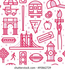 New York City, vector outline background, seamless pattern: traffic light, Brooklyn Bridge, clock, hot dog, arc, shop, baseball, apple, pizza, train, arrow, rugby, hydrant, Statue of Liberty