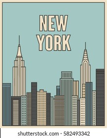 New York City, vector outline illustration, poster, background