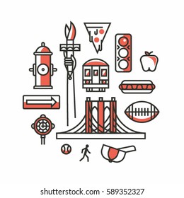 New York City, vector outline illustration, icon set, travel background. Hydrant, Statue of Liberty, pizza, traffic light, train, hot dog, rugby, cup, bridge, clock, arrow