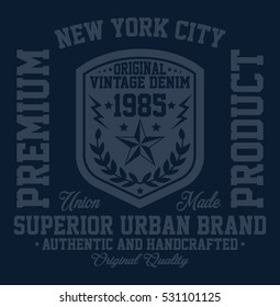 New York City vintage denim, superior urban brand handcrafted typography, t-shirt graphics, vectors