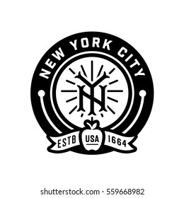 Badge Monograma Vintage de Nueva York. Ilustración de vectores retro negrita y limpio. La gran Apple. Verdadera ropa de camiseta impresa. Diseño De Revisión De Logotipo De Emblema Gráfico. Estética de la vieja escuela.