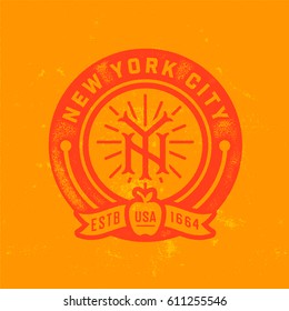 Badge Monograma Vintage de Nueva York. Ilustración de vectores retro negrita y limpio. La gran Apple. Verdadera ropa de camiseta impresa. Diseño De Revisión De Logotipo De Emblema Gráfico. Estética de la vieja escuela 