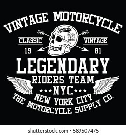 New York City vintage motorcycle, legendary riders team typography, t-shirt graphics, vectors