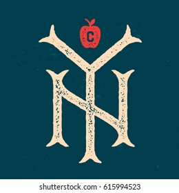 Monograma texturado de la ciudad de Nueva York. Ilustración de vectores retrovectores tipográficos. La gran Apple. Verdadera ropa de camiseta impresa. Diseño De Revisión De Logotipo De Emblema Gráfico. Estética de la vieja escuela 