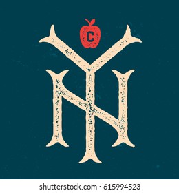 New York City Vintage Textured Monogram. Typografische Retro-Vektorgrafik. Der große Apfel. Authentisches T-Shirt Bekleidung Print. Design des grafischen Emblem-Logos Alte Schulästhesie 