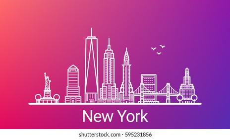 New York city white line on colorful background. All New York buildings - customizable objects with opacity mask, so you can simple change composition and background. Line art.