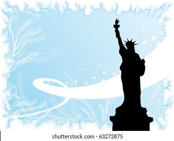 New York city winter blue background with black silhouette of the Statue of Liberty and ice border