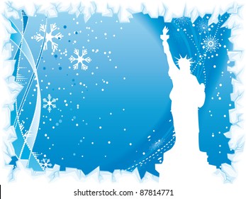 New York city winter blue background with black silhouette of the Statue of Liberty and ice border
