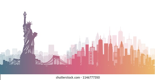 New York City with world famous landmarks, city skyline with buildings and architecture. Vector illustration.