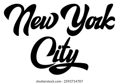 New York City written in elegant black cursive font on a white background creating a classic and timeless look.