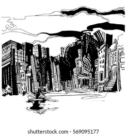 New York city,Brooklyn,Manhattan with buildings.Scene street illustration. Another side of New York in black and white – Vector.
