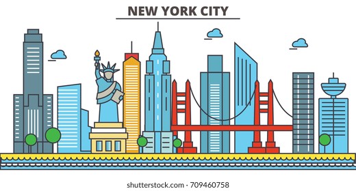 New York, New York City.City skyline: architecture, buildings, streets, silhouette, landscape, panorama, landmarks, icons. Editable strokes. Flat design line vector illustration concept.