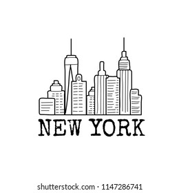 New York cityline; hand drawn line vector icon,  graphic symbol isolated on white.