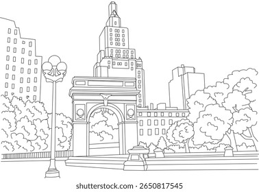 O Arco da Praça Washington, em Nova York, é uma intrincada arte de linha, com paisagens de parques urbanos, arquitetura histórica e elementos clássicos de rua.