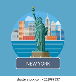 New york cityscape. Manhattan Skyline and Statue of Liberty, New York City. Poster concept in cartoon style with text