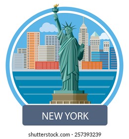 New york cityscape. Manhattan Skyline and Statue of Liberty, New York City. Poster concept in cartoon style with text