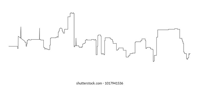 New York Cityscape, Manhattan - View From Central Park. Vector  NYC  Contour 
 Black And White Background. Continuous Line Drawing Illustration.