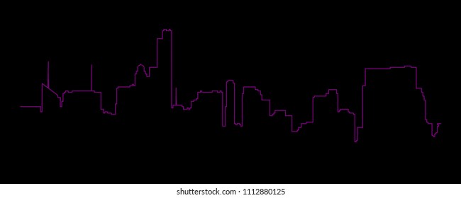 New York cityscape, Manhattan - view from Central Park. Vector  NYC  Contour 
 neon background. Continuous line drawing illustration.