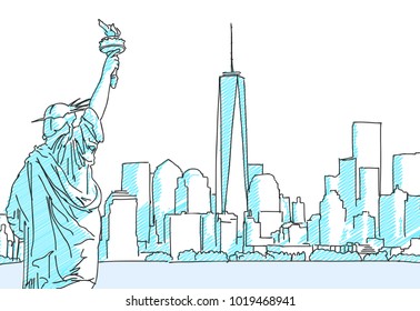 New York Cityscape Sketch. Hand Drawn Vector Illustration. Business Travel and Tourism Concept with Modern Architecture.