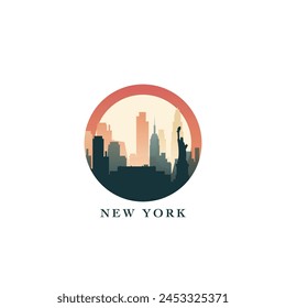 New York cityscape, vector gradient badge, flat skyline logo, icon. USA, NYC state city round emblem idea with landmarks and building silhouettes. Isolated abstract graphic