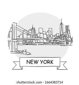 New York  Cityscape Vector Sign. Line Art Illustration with Ribbon and Title.