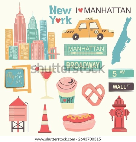 New York clipart Manhattan vector set illustration isolated on white for design. Vector color New York Manhattan culture retro symbols for design, website, presentation, cards, icons.