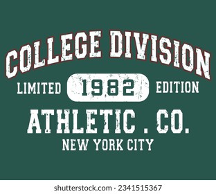 New York College Division varsity slogan print. Tournament college slogan tee typography print design. Vector t-shirt graphic or other uses.