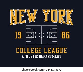 New York college style basketball t-shirt design. Tee shirt with basketball field. Sport apparel print. Vector illustration.