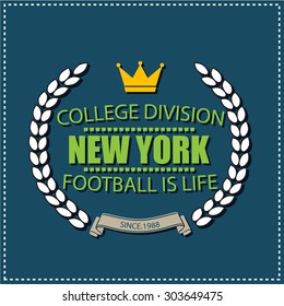  New York college university division football team sport label, logo, emblem typography, t-shirt graphics for apparel. Green version.