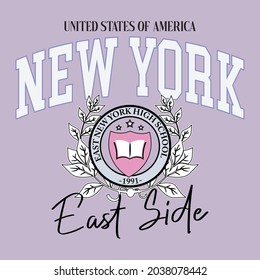 New york College varsity slogan print. East Side varsity slogan graphic with old school font typography for t-shirt and other uses.