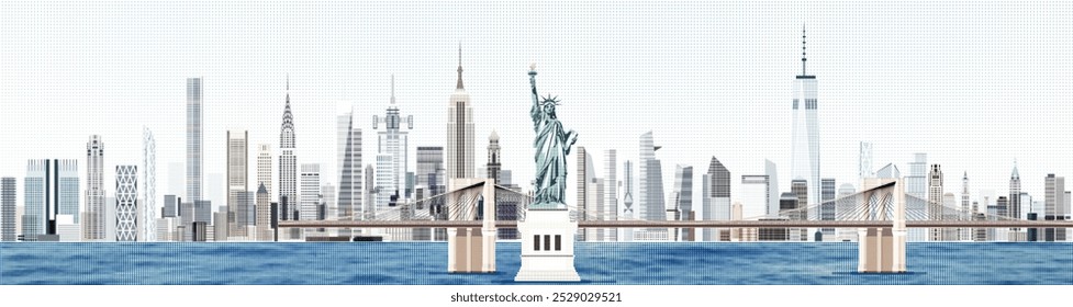 New York color halftone bitmap textured  skyline vector illustration