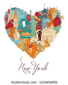 New York. Colorful vector illustration. Linear art in detail, with lots of background objects.