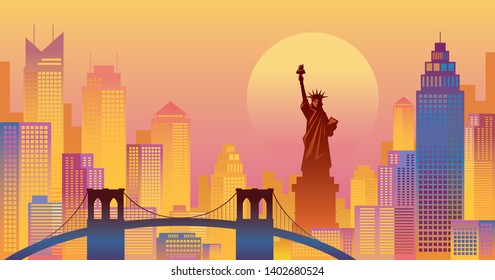 New York Colourful Background, Urban Skyline, Statue of Liberty, Brooklyn Bridge, Travel and Tourist Attraction