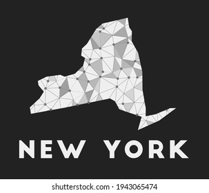 New York - communication network map of the US state. New York trendy geometric design on a dark background. Technology, internet, network, telecommunication concept. Vector illustration.