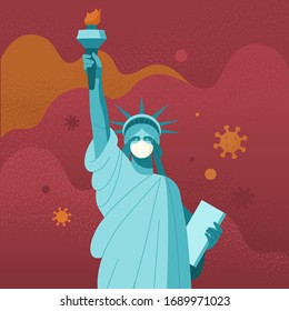 New York coronavirus pandemic. Vector illustration of the Statue of Liberty in medical face shield. Isolated on a red dramatic abstract background with virus bacteria 