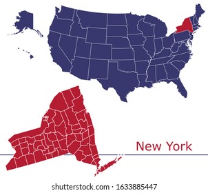 New York counties vector map with USA map colors national flag