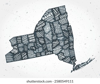 New York counties word clouds. State shape on textured background. New York design in typographic style. Elegant vector illustration.