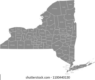 New York county map vector outline gray background. Map of New York state of United States of America with counties borders