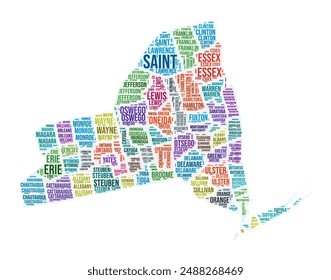 New York county word cloud. State shape design. New York colored illustration. County names collage cloud. Vector illustration.