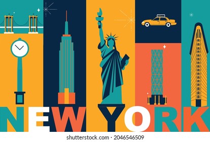 Viaje cultural de Nueva York, arquitecturas famosas y especialidades de diseño plano. El concepto de turismo de negocios en EE. UU. Imagen para presentación, banner, sitio web, anuncio, volante, hoja de ruta, iconos