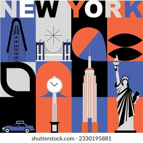 New York culture travel set, famous architectures and specialties in flat design. Business US tourism concept clipart. Image for presentation, banner, website, advert, flyer, roadmap, icons