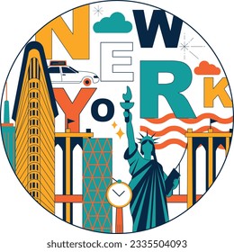 Viaje cultural de Nueva York, arquitecturas famosas y especialidades de diseño plano. El concepto de turismo de negocios en EE. UU. Imagen para presentación, banner, sitio web, anuncio, volante, hoja de ruta, iconos