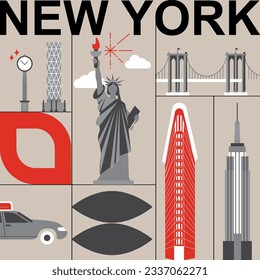 Viaje cultural de Nueva York, arquitecturas famosas y especialidades de diseño plano. El concepto de turismo de negocios en EE. UU. Imagen para presentación, banner, sitio web, anuncio, volante, hoja de ruta, iconos