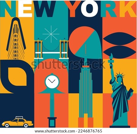 New York culture travel set, famous architectures and specialties in flat design. Business US tourism concept clipart. Image for presentation, banner, website, advert, flyer, roadmap, icons